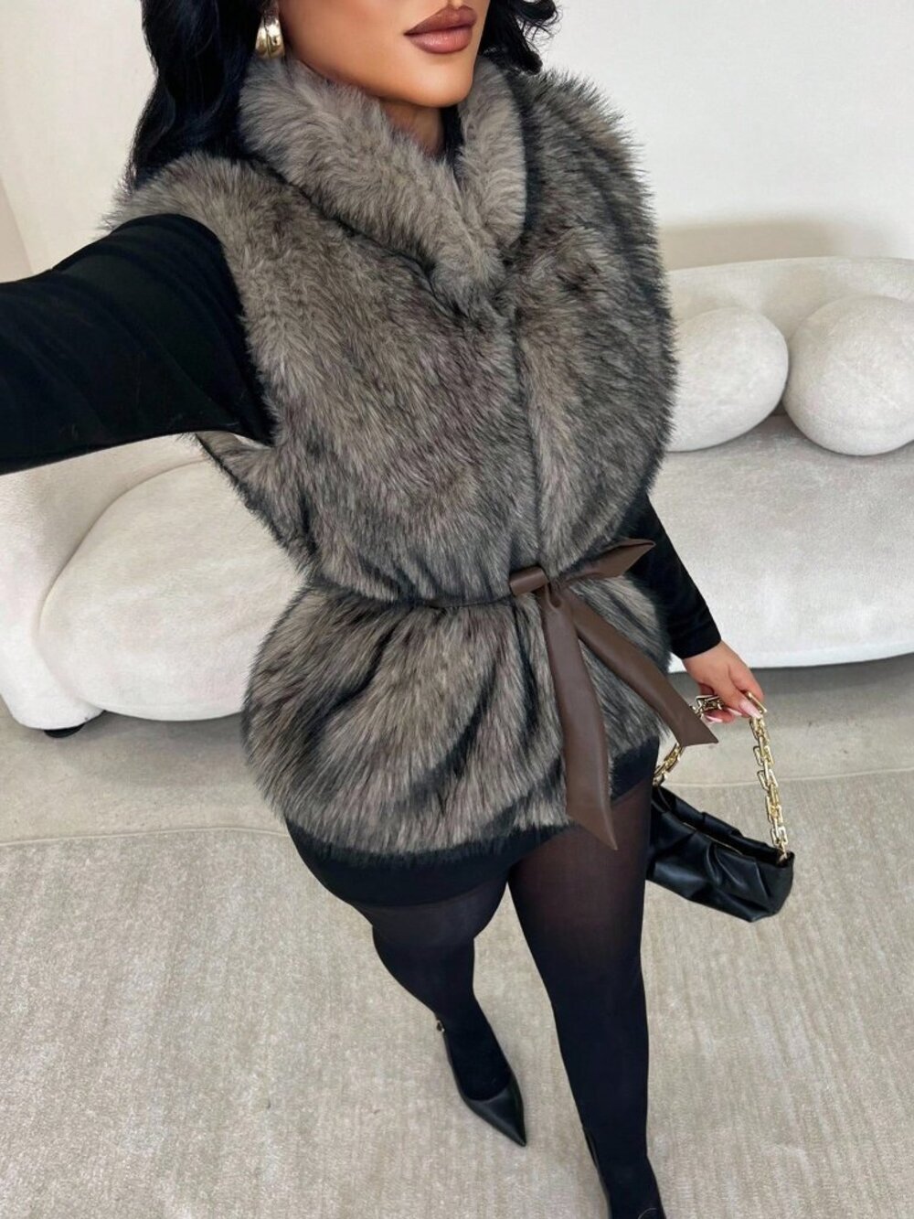 Multicolor Casual Women's Elegant Sleeveless Belt-Decor Faux Fur Coat